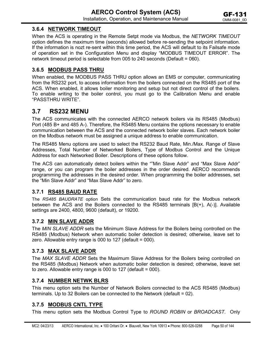 4 network timeout, 5 modbus pass thru, 7 rs232 menu | 1 rs485 baud rate, 2 min slave addr, 3 max slave addr, 4 number netwk blrs, 5 modbus cntl type, Network timeout, Modbus pass thru | AERCO Control System (ACS) User Manual | Page 50 / 144