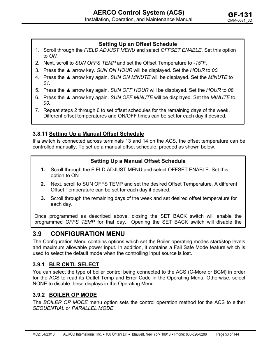 11 setting up a manual offset schedule, 9 configuration menu, 1 blr cntl select | 2 boiler op mode, Setting up a manual offset schedule, Blr cntl select, Boiler op mode, Gf-131 aerco control system (acs) | AERCO Control System (ACS) User Manual | Page 53 / 144