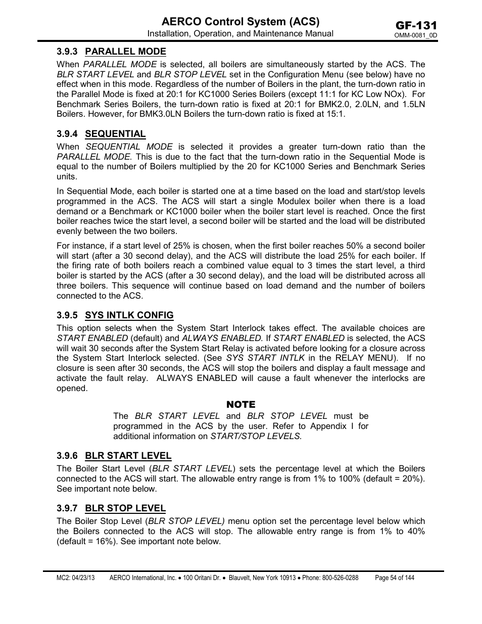 3 parallel mode, 4 sequential, 5 sys intlk config | 6 blr start level, 7 blr stop level, Parallel mode, Sequential, Sys intlk config, Blr start level, Blr stop level | AERCO Control System (ACS) User Manual | Page 54 / 144