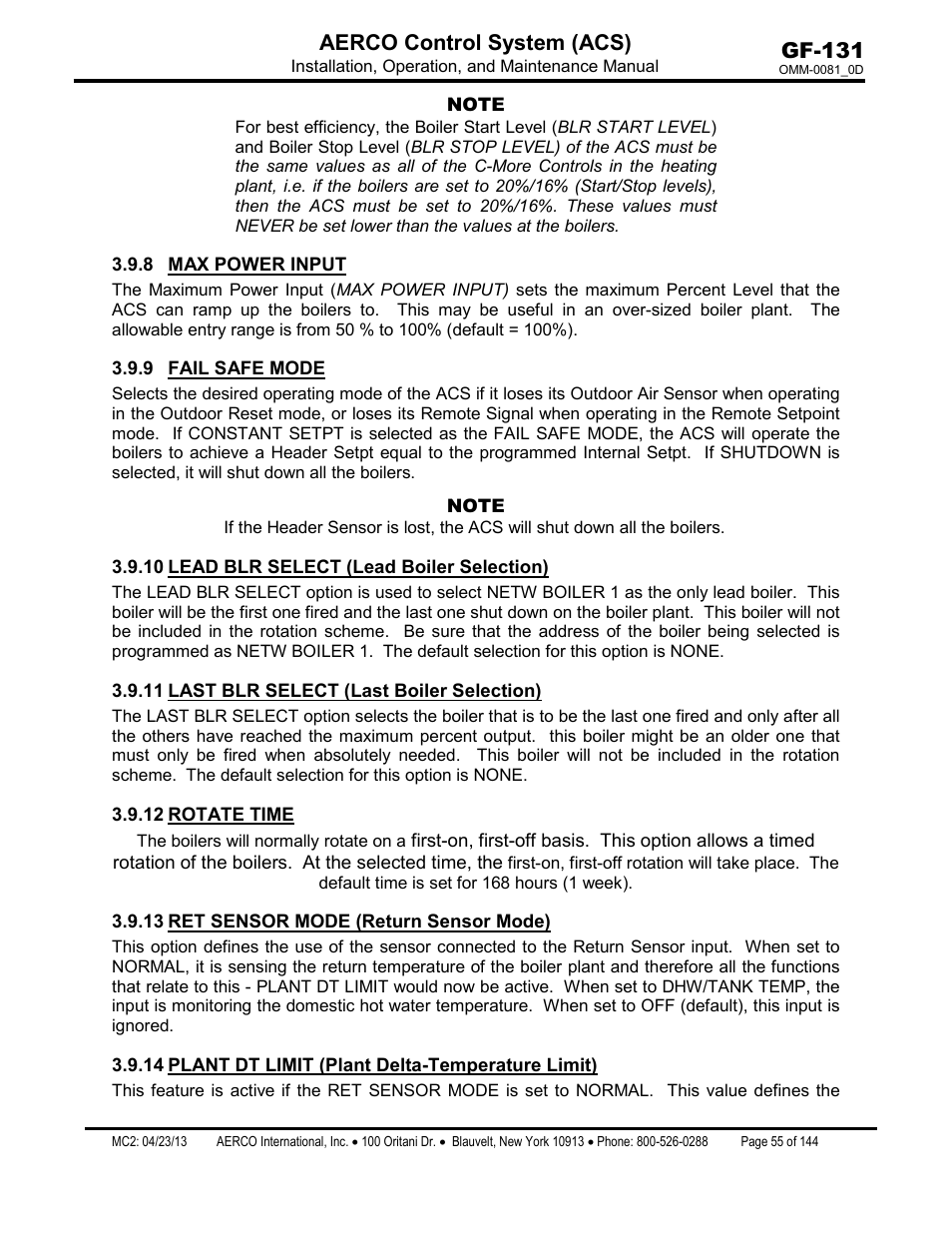 8 max power input, 9 fail safe mode, 10 lead blr select (lead boiler selection) | 11 last blr select (last boiler selection), 12 rotate time, 13 ret sensor mode (return sensor mode), 14 plant dt limit (plant delta-temperature limit), Max power input, Fail safe mode, Lead blr select (lead boiler selection) | AERCO Control System (ACS) User Manual | Page 55 / 144