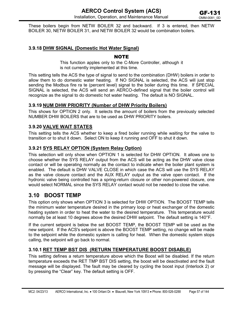 18 dhw signal (domestic hot water signal), 20 valve wait states, 21 sys relay option (system relay option) | 10 boost temp, Dhw signal (domestic hot water signal), Num dhw priority (number of dhw priority boilers), Valve wait states, Sys relay option (system relay option), Gf-131 aerco control system (acs) | AERCO Control System (ACS) User Manual | Page 57 / 144