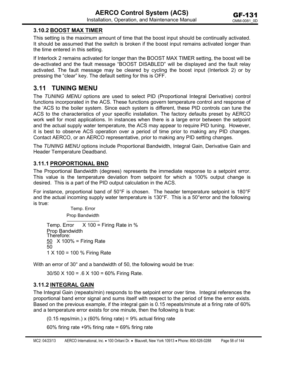 2 boost max timer, 11 tuning menu, 1 proportional bnd | 2 integral gain, Boost max timer, Proportional bnd, Integral gain, Gf-131 aerco control system (acs) | AERCO Control System (ACS) User Manual | Page 58 / 144