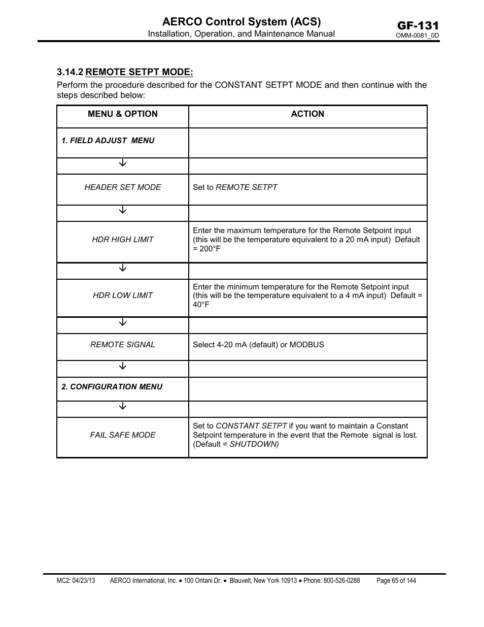 2 remote setpt mode, Remote setpt mode, Gf-131 aerco control system (acs) | AERCO Control System (ACS) User Manual | Page 65 / 144