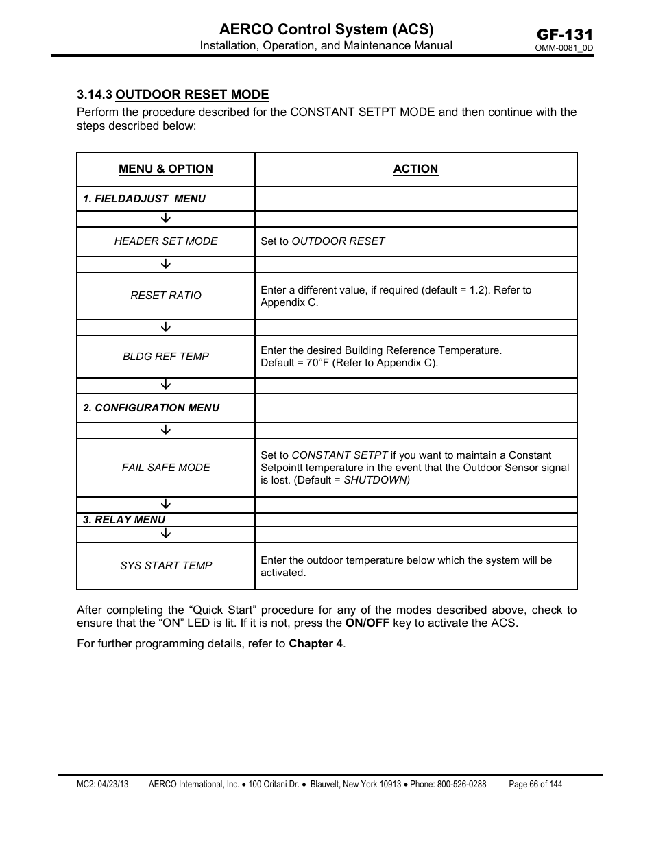 3 outdoor reset mode, Outdoor reset mode, Gf-131 aerco control system (acs) | AERCO Control System (ACS) User Manual | Page 66 / 144