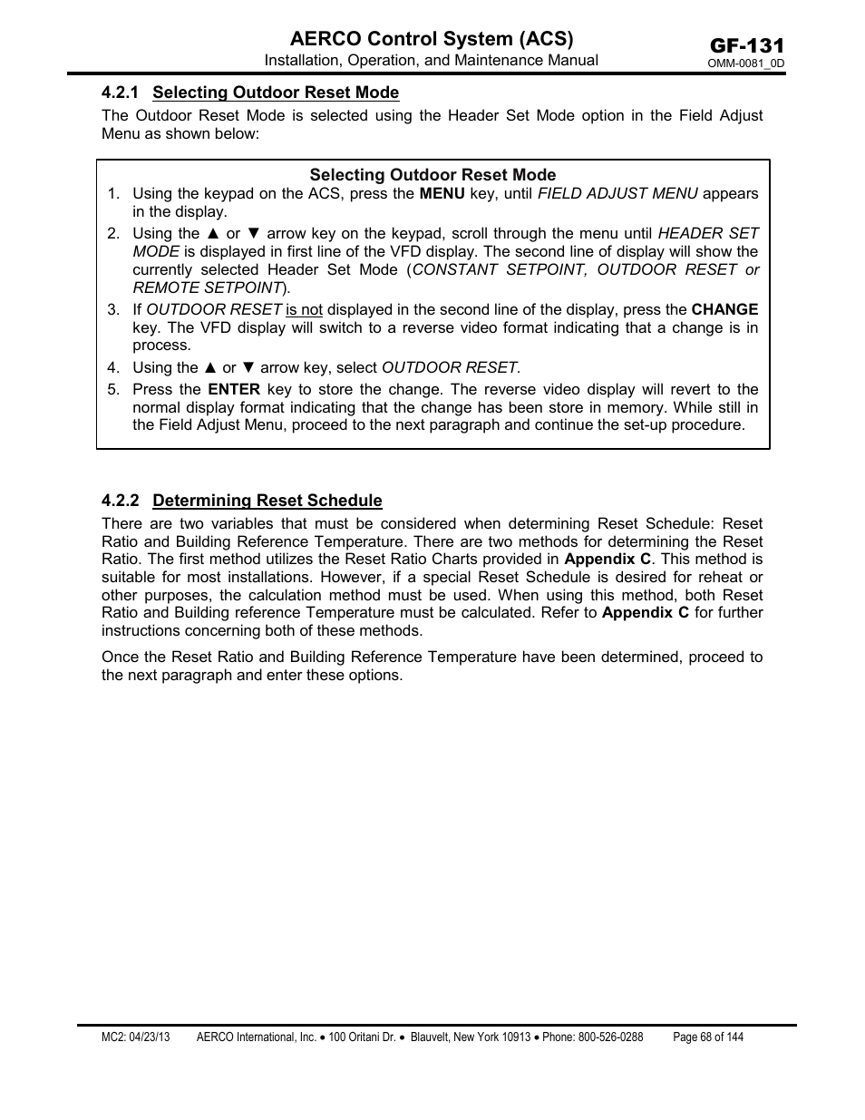 1 selecting outdoor reset mode, 2 determining reset schedule, Selecting outdoor reset mode | Determining reset schedule, Gf-131 aerco control system (acs) | AERCO Control System (ACS) User Manual | Page 68 / 144