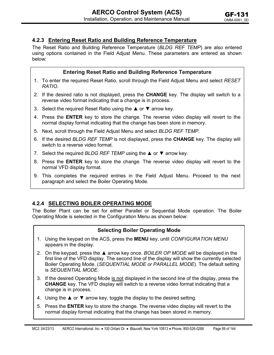 4 selecting boiler operating mode, Selecting boiler operating mode, Gf-131 aerco control system (acs) | AERCO Control System (ACS) User Manual | Page 69 / 144