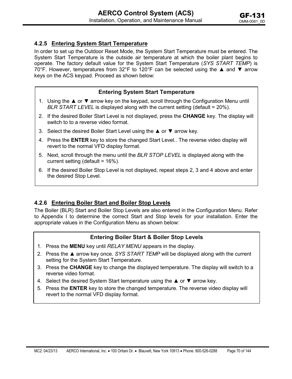 5 entering system start temperature, 6 entering boiler start and boiler stop levels, Entering system start temperature | Entering boiler start and boiler stop levels, Gf-131 aerco control system (acs) | AERCO Control System (ACS) User Manual | Page 70 / 144