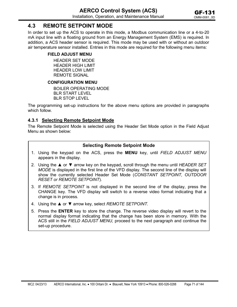 3 remote setpoint mode, 1 selecting remote setpoint mode, Selecting remote setpoint mode | Gf-131 aerco control system (acs) | AERCO Control System (ACS) User Manual | Page 71 / 144