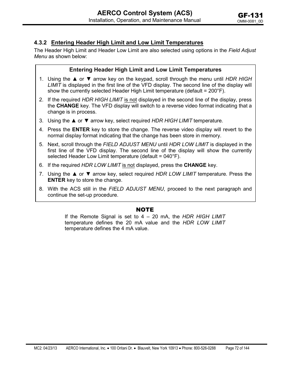Gf-131 aerco control system (acs) | AERCO Control System (ACS) User Manual | Page 72 / 144