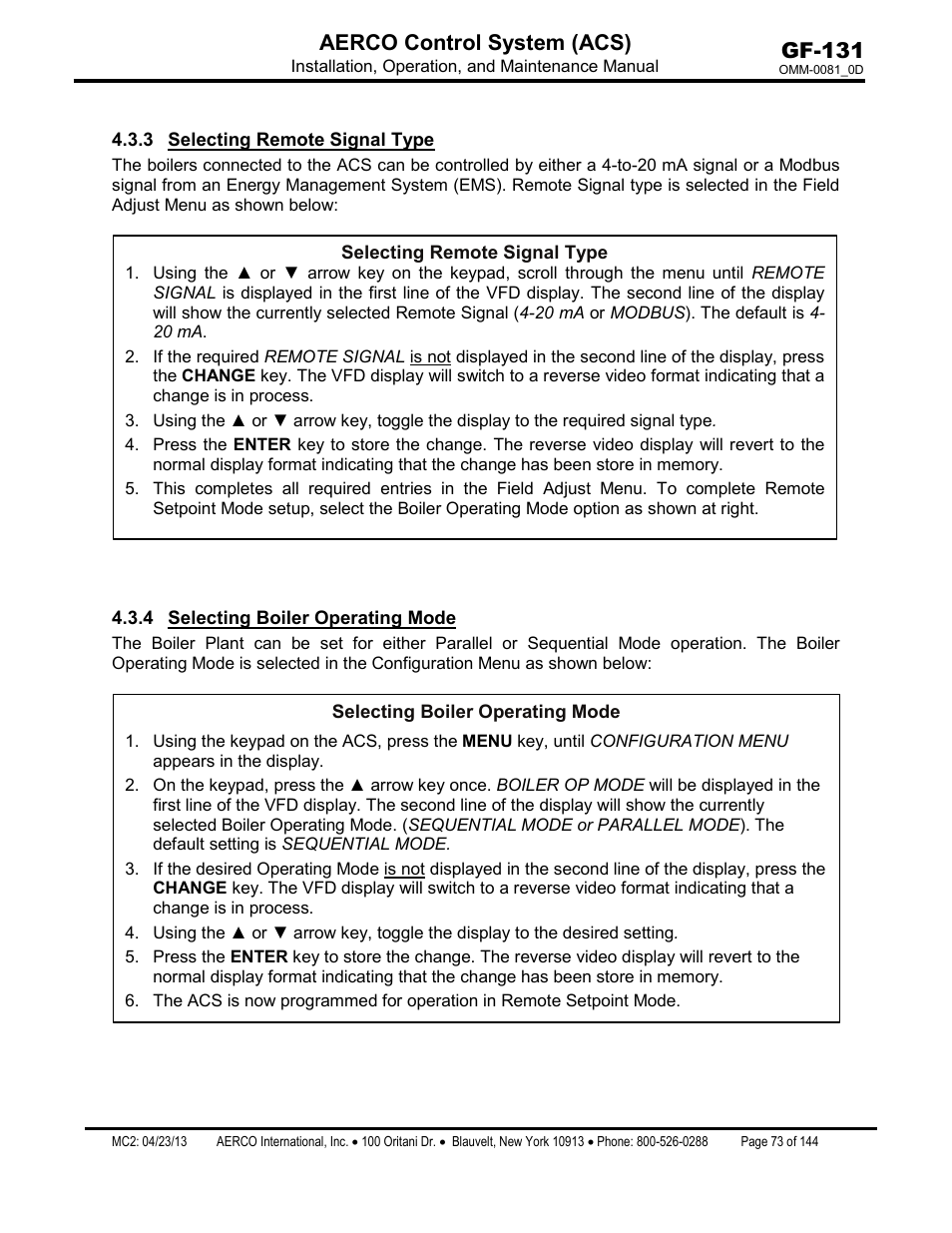 3 selecting remote signal type, 4 selecting boiler operating mode, Selecting remote signal type | Selecting boiler operating mode, Gf-131 aerco control system (acs) | AERCO Control System (ACS) User Manual | Page 73 / 144