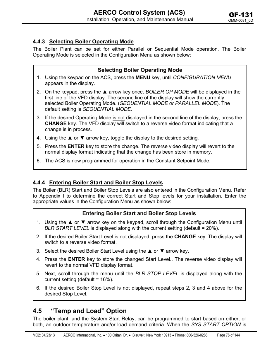 3 selecting boiler operating mode, 4 entering boiler start and boiler stop levels, 5 “temp and load” option | Selecting boiler operating mode, Entering boiler start and boiler stop levels, Gf-131 aerco control system (acs) | AERCO Control System (ACS) User Manual | Page 76 / 144