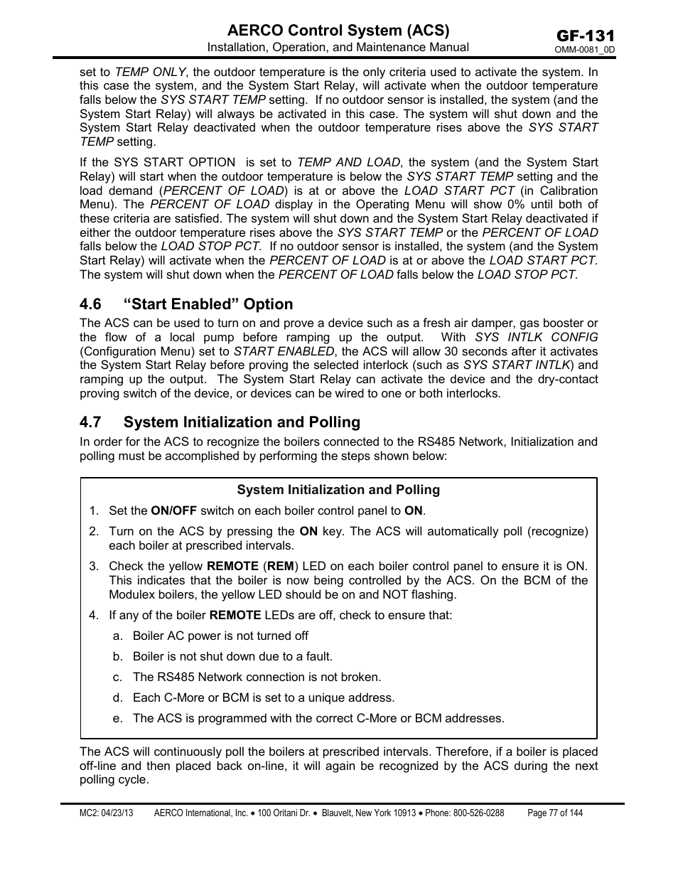 6 “start enabled” option, 7 system initialization and polling, Gf-131 aerco control system (acs) | AERCO Control System (ACS) User Manual | Page 77 / 144