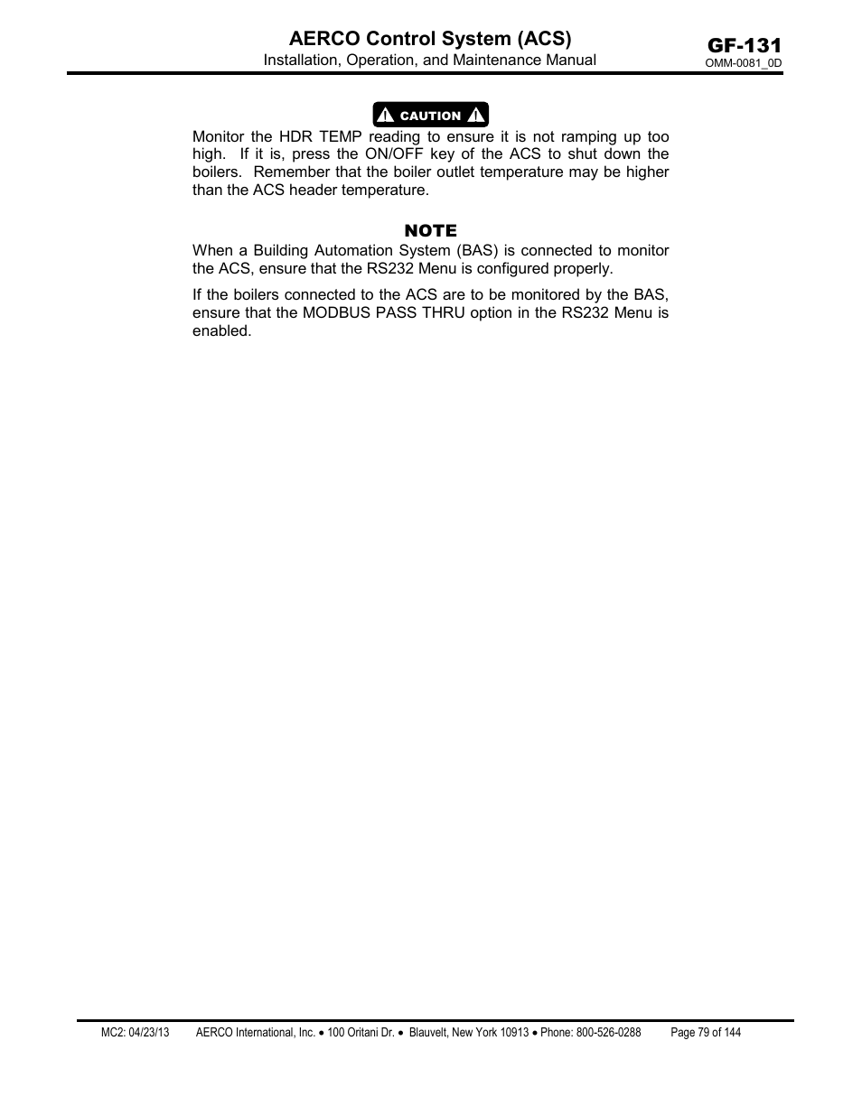 Gf-131 aerco control system (acs) | AERCO Control System (ACS) User Manual | Page 79 / 144