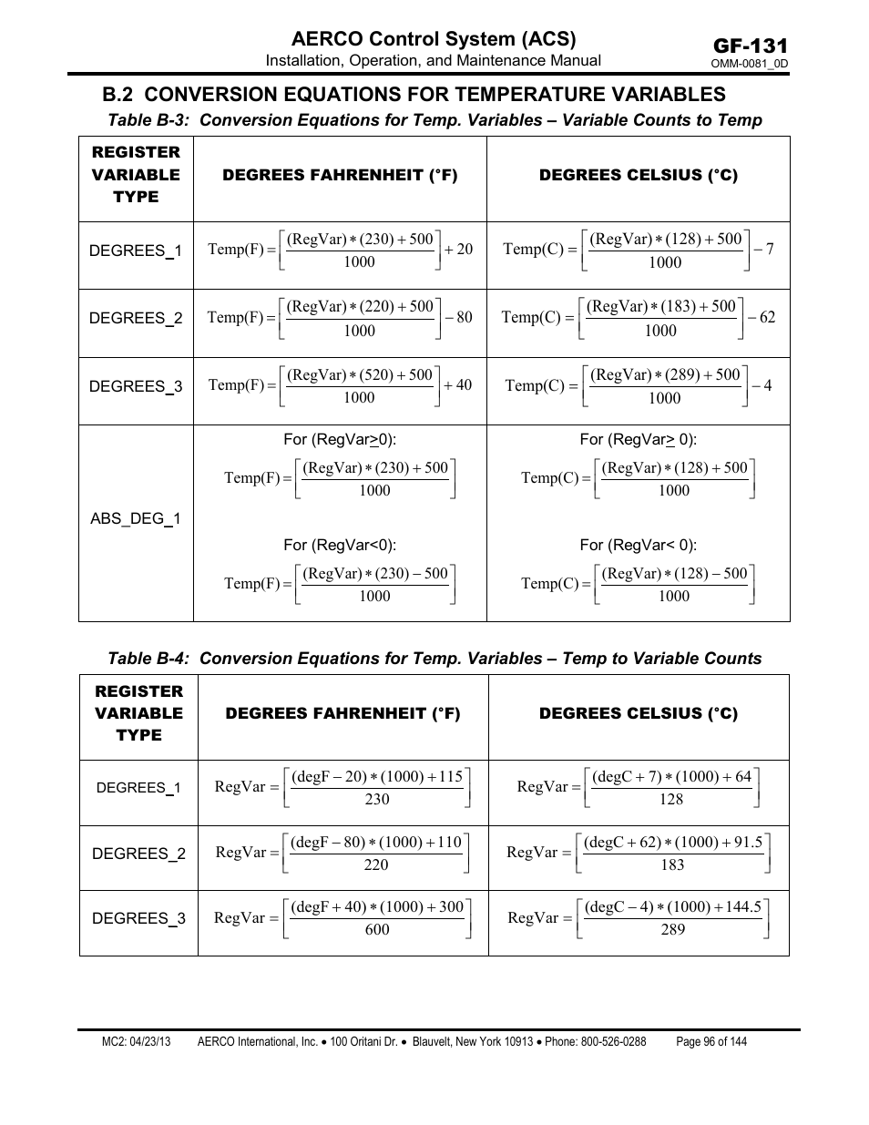 B.2 conversion equations for temperature variables, Gf-131 aerco control system (acs) | AERCO Control System (ACS) User Manual | Page 96 / 144