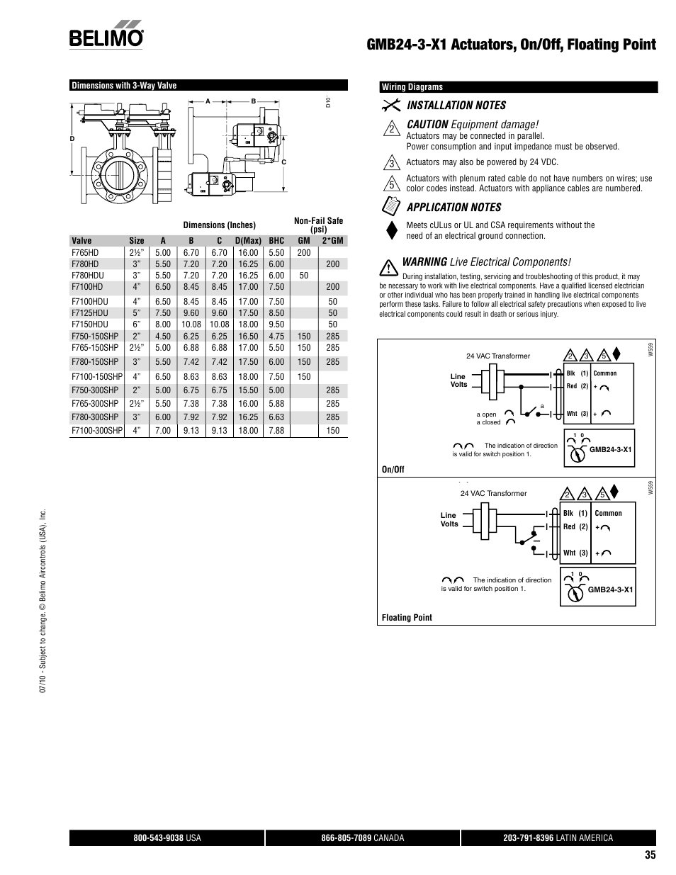 Gmb24-3-x1 actuators, on/off, floating point, Caution equipment damage, Warning live electrical components | AERCO Belimo F7...HD/HDU Series Valve User Manual | Page 35 / 44