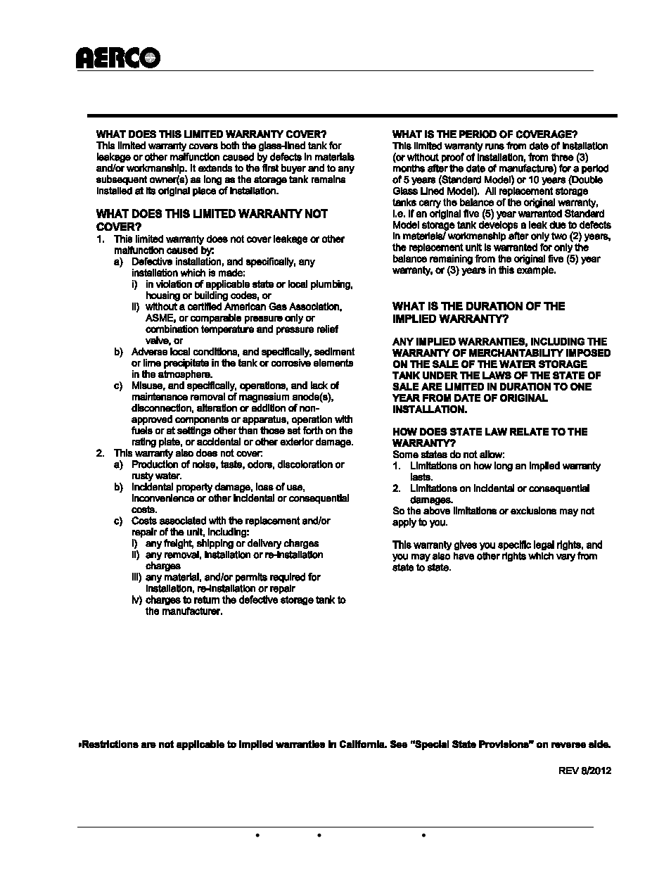 Limited storage tank warranty, Aerco domestic water storage tank | AERCO Domestic Water Storage Tank User Manual | Page 17 / 19