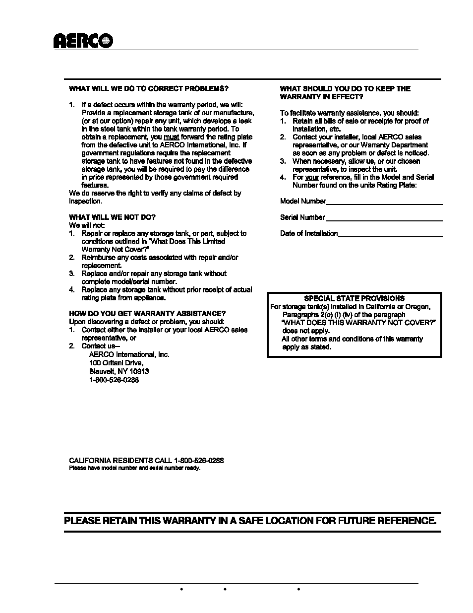 Limited storage tank warranty | AERCO Domestic Water Storage Tank User Manual | Page 18 / 19