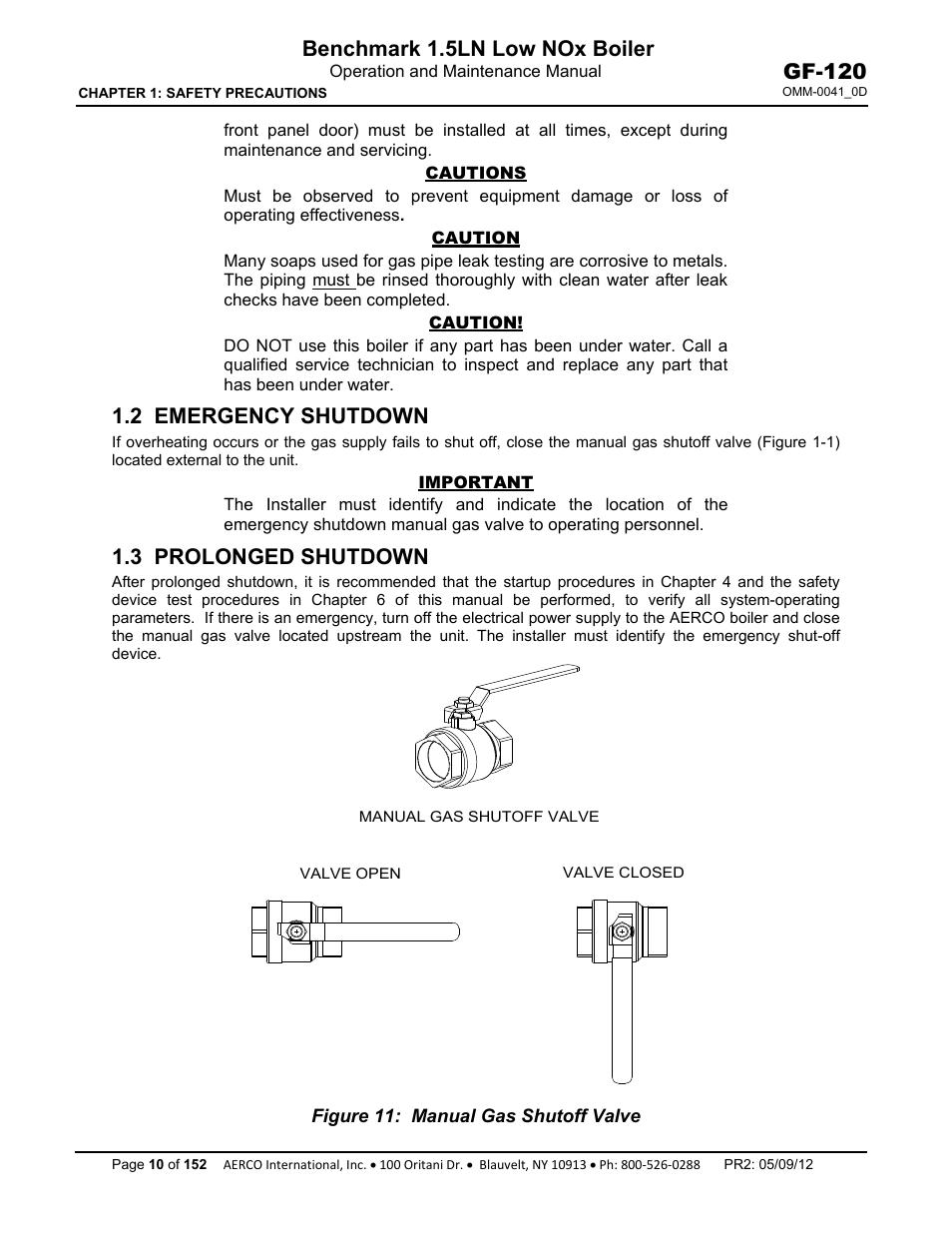 2 emergency shutdown, 3 prolonged shutdown, Benchmark 1.5ln low nox boiler | Gf-120 | AERCO BMK 1.5 LN July 2011 User Manual | Page 10 / 152