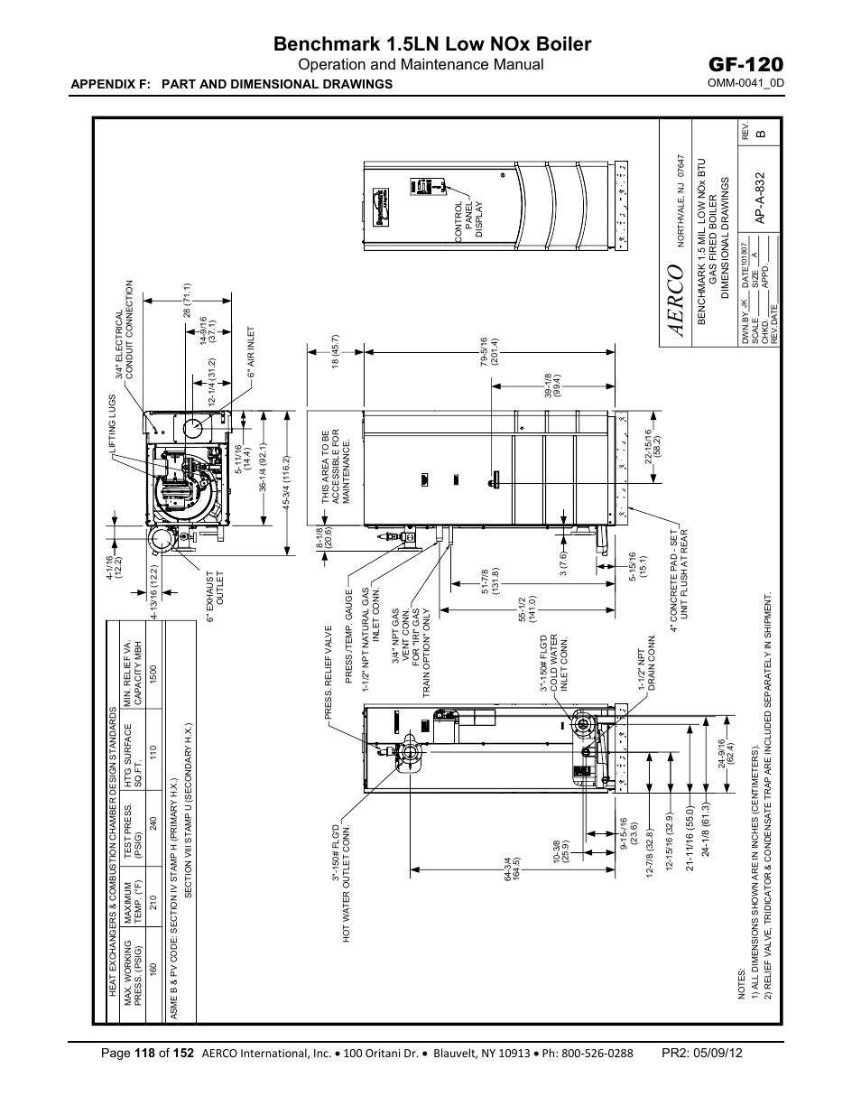 Aerco, Benchmark 1.5ln low nox boiler, Gf-120 | Operation and maintenance manual, Appendix f: part and dimensional drawings, Bap -a -832 | AERCO BMK 1.5 LN July 2011 User Manual | Page 118 / 152
