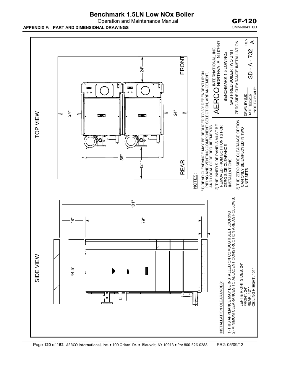 Aerco, Benchmark 1.5ln low nox boiler, Gf-120 | Sd - a - 732 a, Side view top view, Rear front | AERCO BMK 1.5 LN July 2011 User Manual | Page 120 / 152