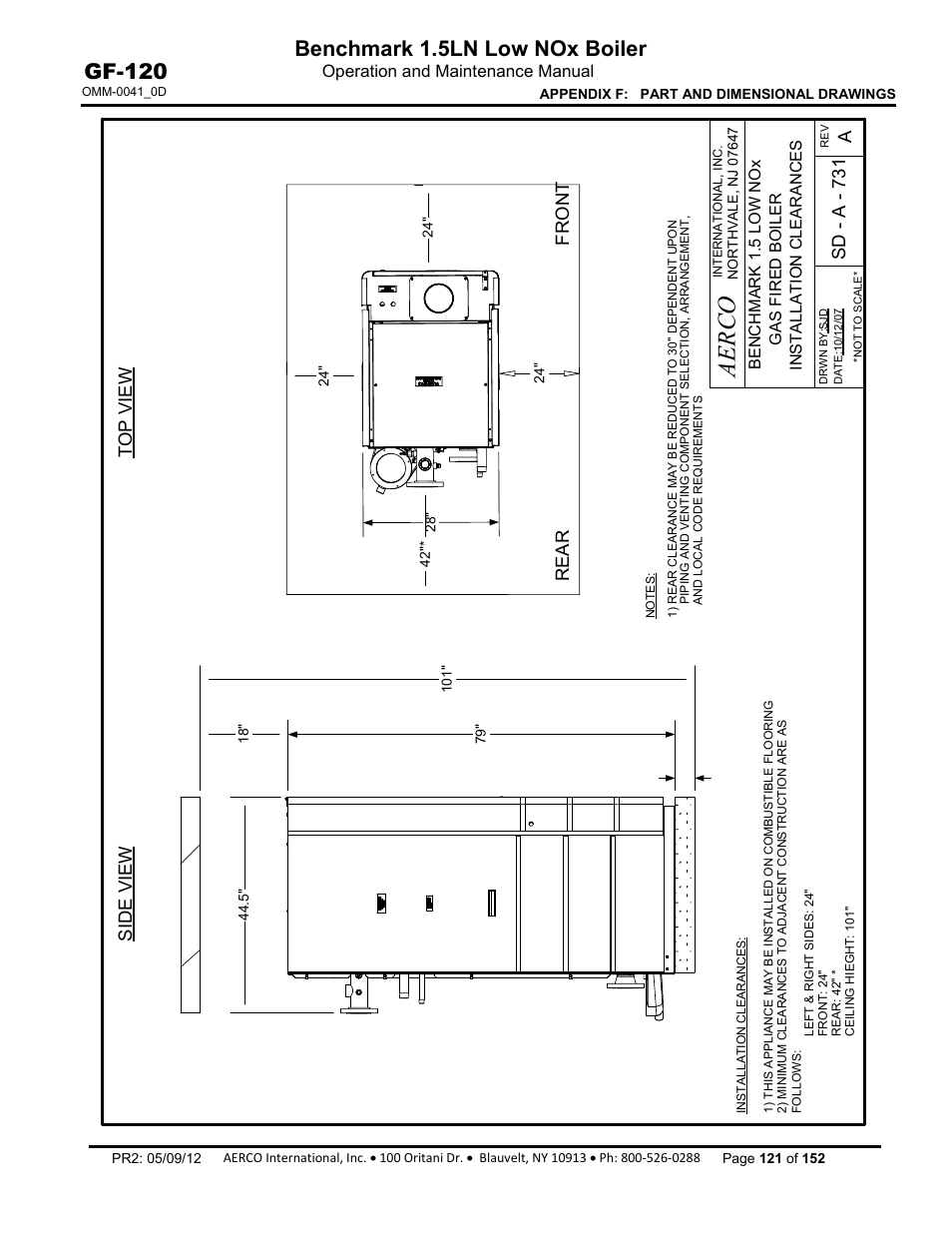 Aerco, Benchmark 1.5ln low nox boiler, Gf-120 | Sd - a - 731 a, Side view top view, Rear front | AERCO BMK 1.5 LN July 2011 User Manual | Page 121 / 152
