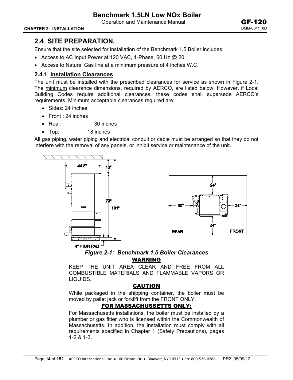 4 site preparation, 1 installation clearances, Benchmark 1.5ln low nox boiler | Gf-120 | AERCO BMK 1.5 LN July 2011 User Manual | Page 14 / 152