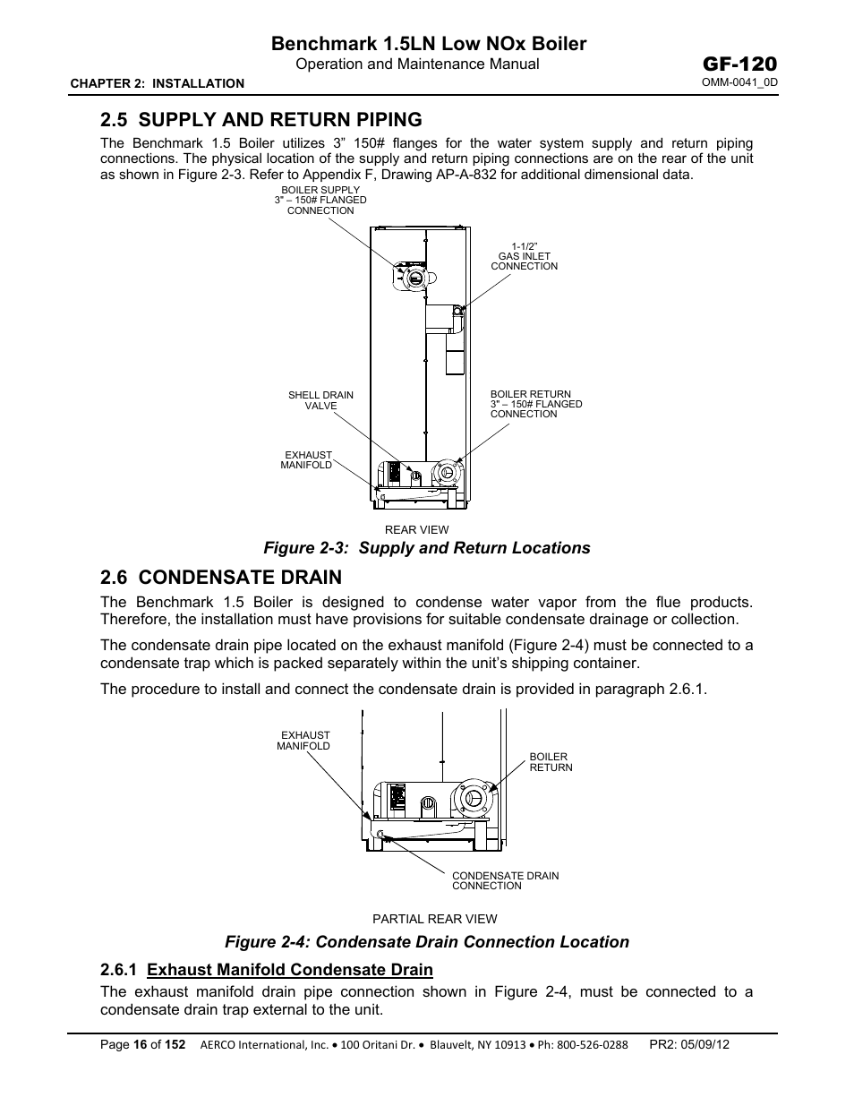 5 supply and return piping, 6 condensate drain, 1 exhaust manifold condensate drain | Benchmark 1.5ln low nox boiler, Gf-120 | AERCO BMK 1.5 LN July 2011 User Manual | Page 16 / 152