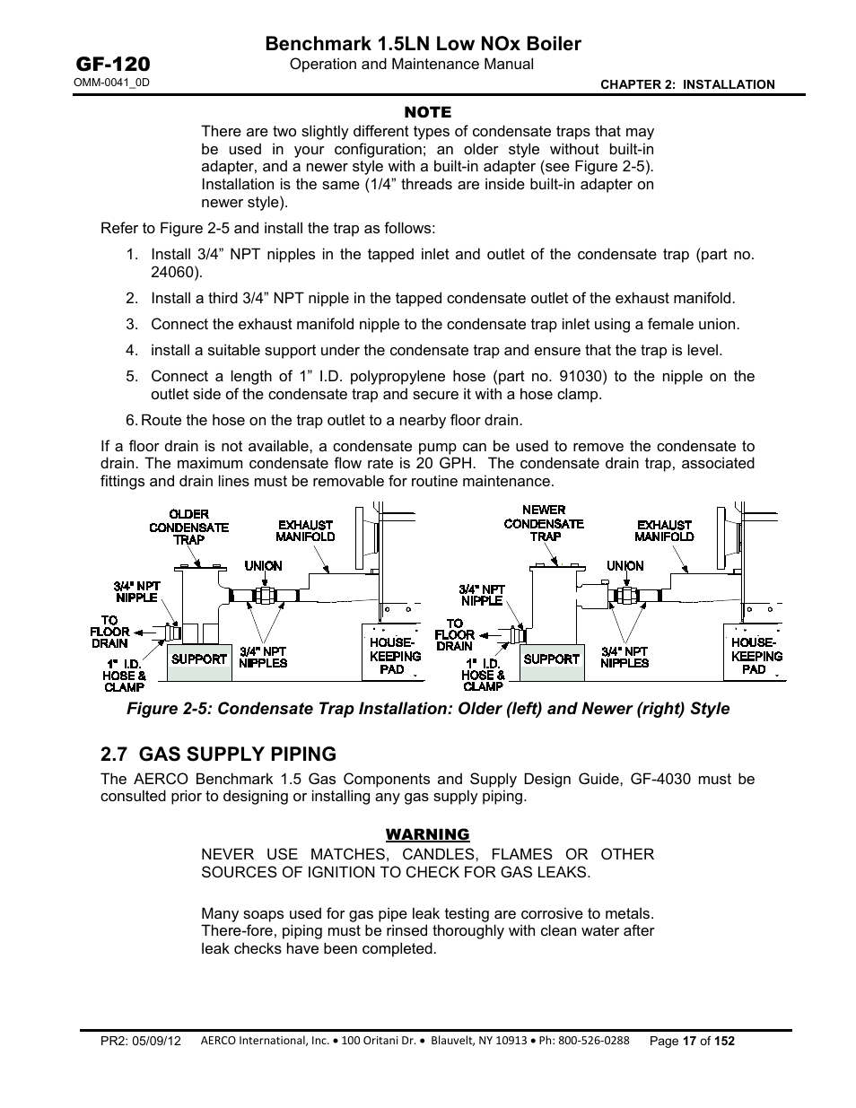7 gas supply piping, Benchmark 1.5ln low nox boiler, Gf-120 | AERCO BMK 1.5 LN July 2011 User Manual | Page 17 / 152