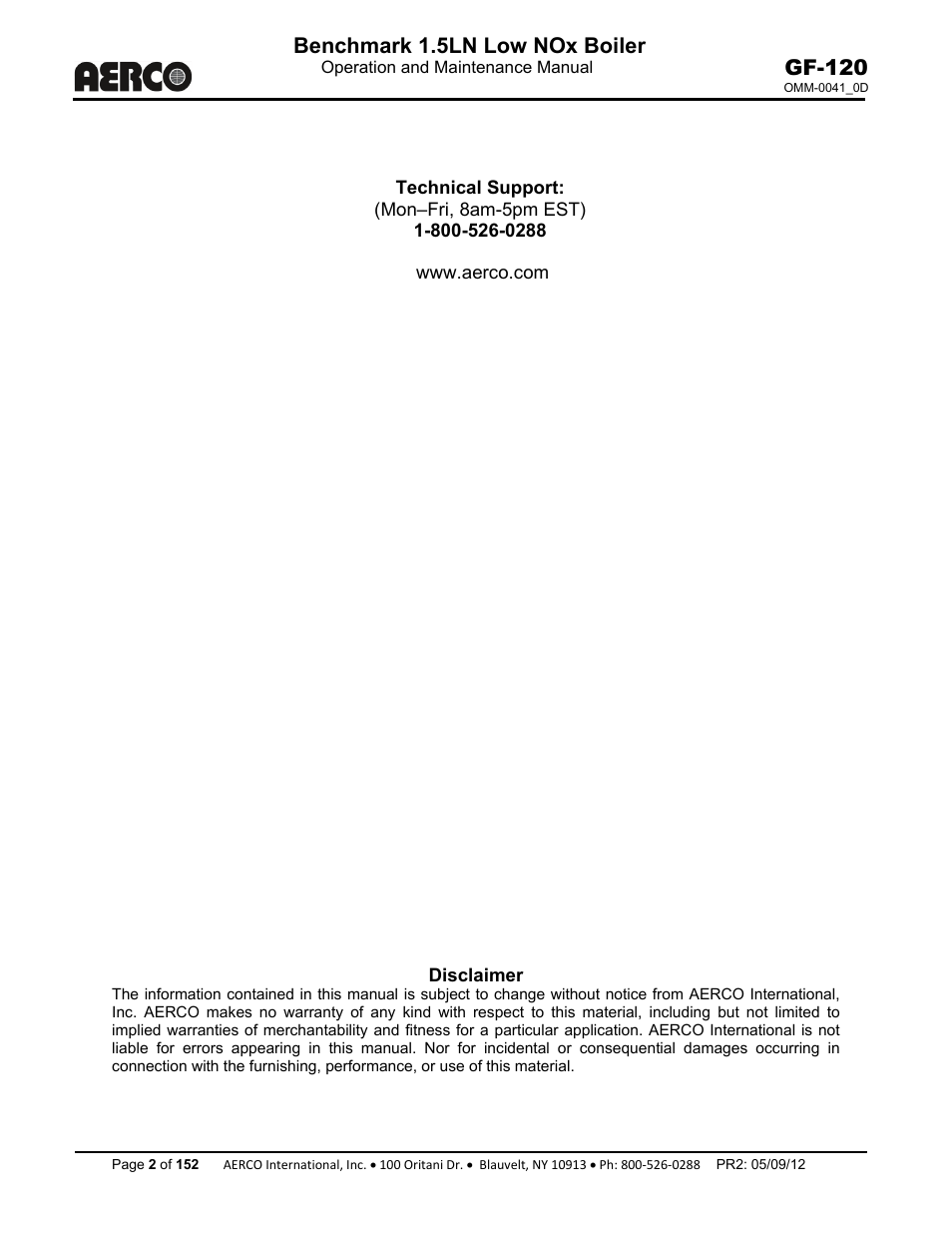 Benchmark 1.5ln low nox boiler, Gf-120 | AERCO BMK 1.5 LN July 2011 User Manual | Page 2 / 152