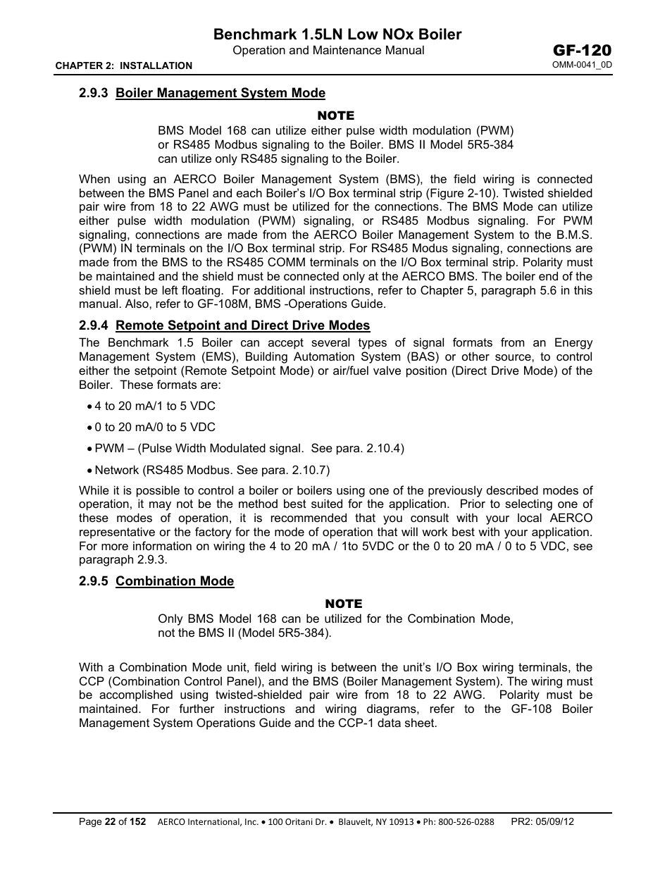 3 boiler management system mode, 4 remote setpoint and direct drive modes, 5 combination mode | Benchmark 1.5ln low nox boiler, Gf-120 | AERCO BMK 1.5 LN July 2011 User Manual | Page 22 / 152