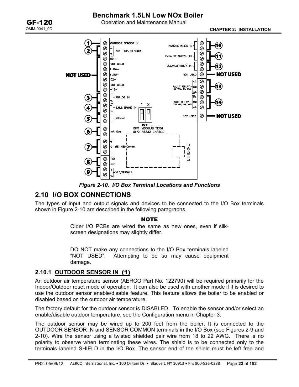 10 i/o box connections, 1 outdoor sensor in (1), Benchmark 1.5ln low nox boiler | Gf-120 | AERCO BMK 1.5 LN July 2011 User Manual | Page 23 / 152