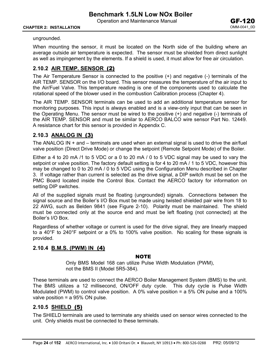 2 air temp. sensor (2), 3 analog in (3), 4 b.m.s. (pwm) in (4) | 5 shield (5), Benchmark 1.5ln low nox boiler, Gf-120 | AERCO BMK 1.5 LN July 2011 User Manual | Page 24 / 152