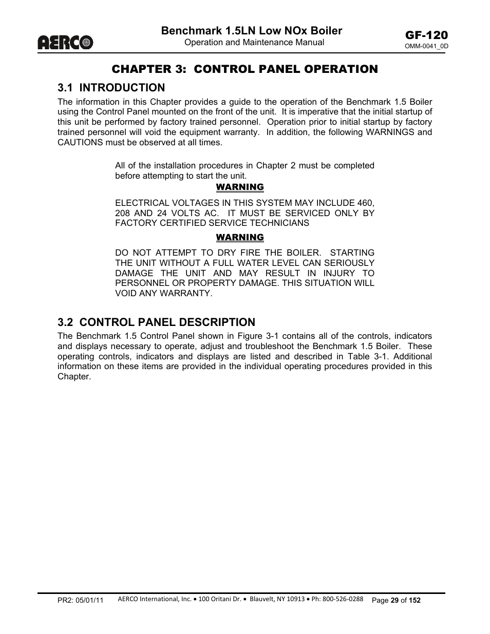 Chapter 3: control panel operation, Chapter 3, 1 introduction | 2 control panel description, Benchmark 1.5ln low nox boiler, Gf-120 | AERCO BMK 1.5 LN July 2011 User Manual | Page 29 / 152