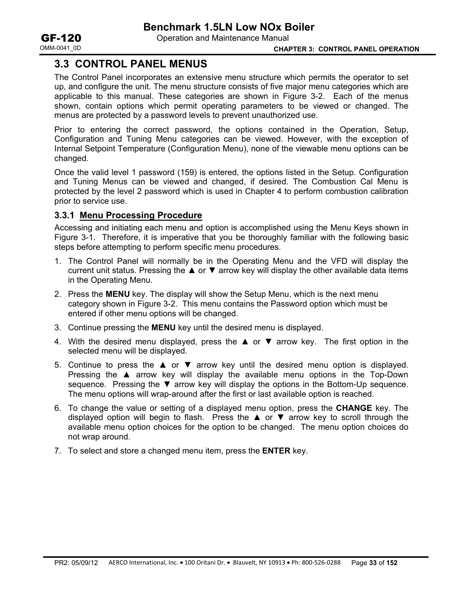 3 control panel menus, 1 menu processing procedure, Benchmark 1.5ln low nox boiler | Gf-120 | AERCO BMK 1.5 LN July 2011 User Manual | Page 33 / 152