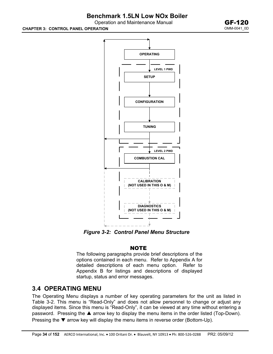 4 operating menu, Benchmark 1.5ln low nox boiler, Gf-120 | AERCO BMK 1.5 LN July 2011 User Manual | Page 34 / 152