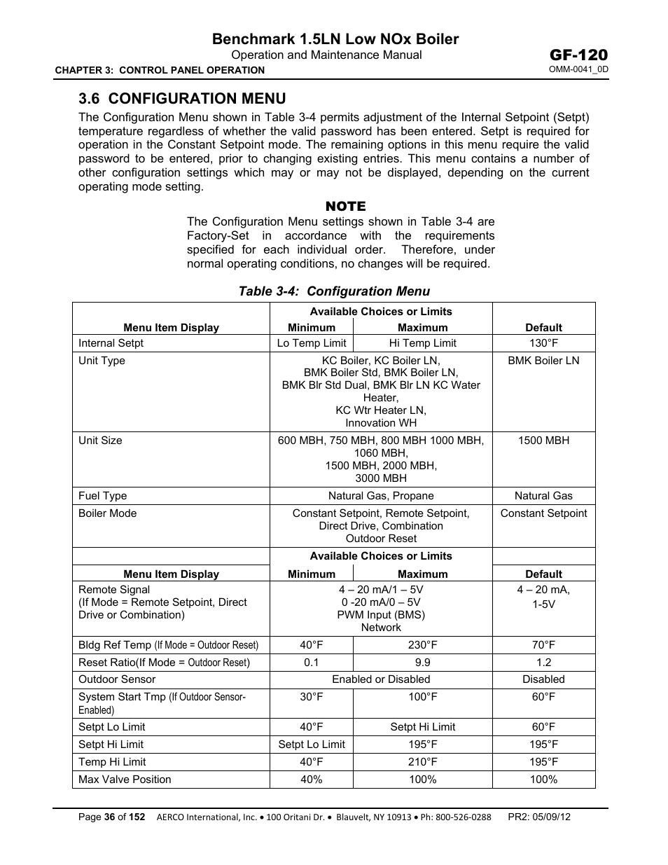 6 configuration menu, Benchmark 1.5ln low nox boiler, Gf-120 | AERCO BMK 1.5 LN July 2011 User Manual | Page 36 / 152