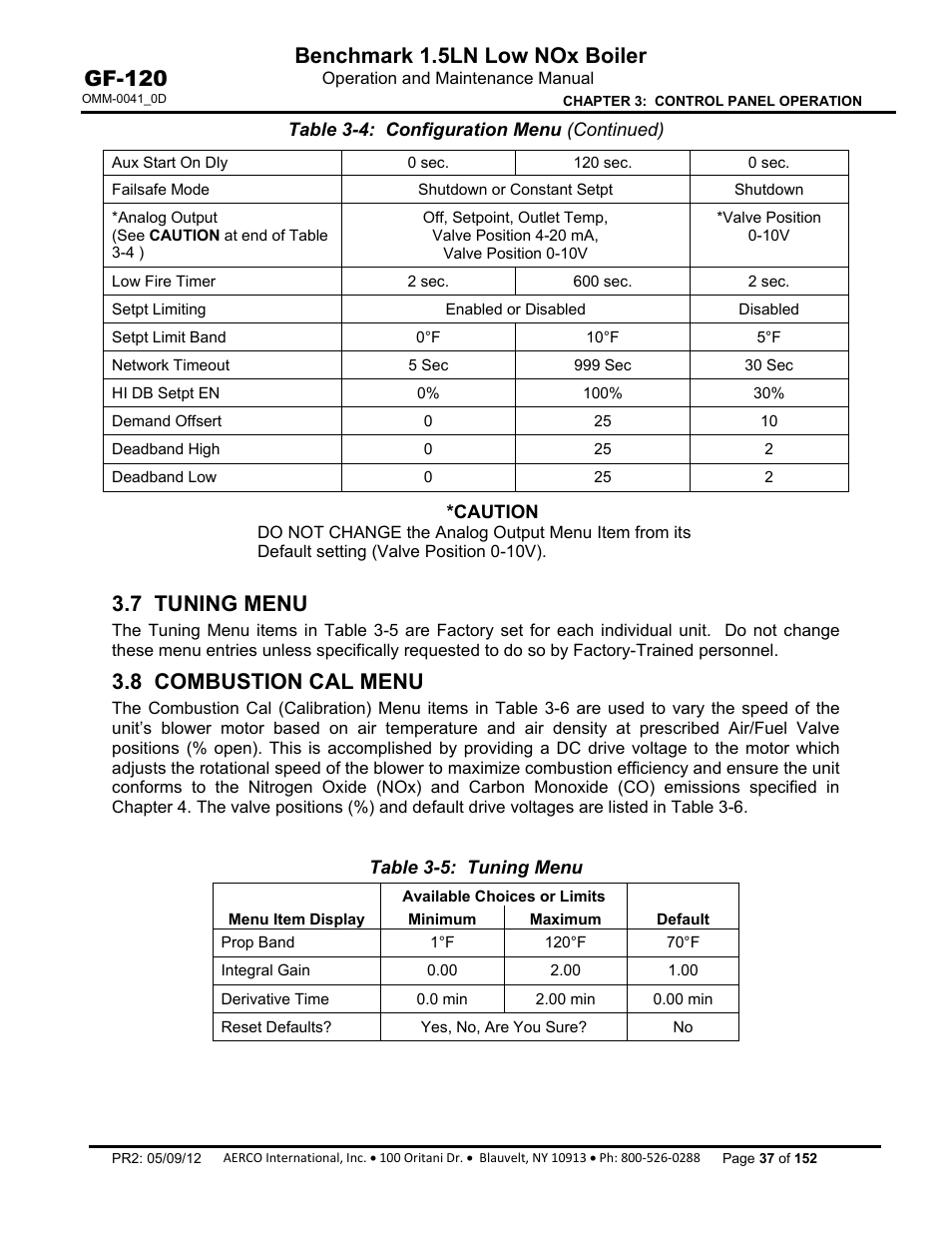 7 tuning menu, 8 combustion cal menu, Benchmark 1.5ln low nox boiler | Gf-120 | AERCO BMK 1.5 LN July 2011 User Manual | Page 37 / 152
