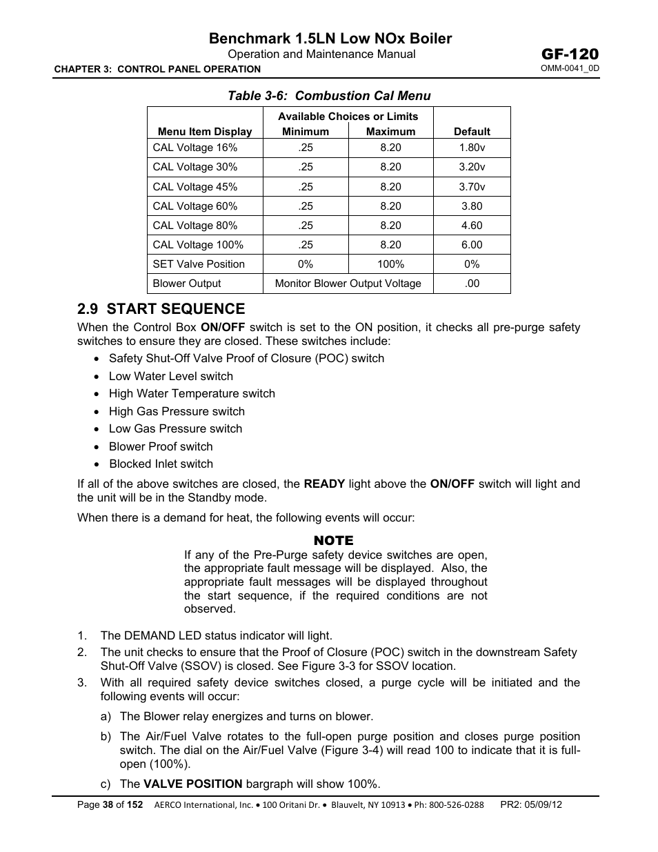 Chapter 1, Chapter 2, 9 start sequence | Benchmark 1.5ln low nox boiler, Gf-120 | AERCO BMK 1.5 LN July 2011 User Manual | Page 38 / 152