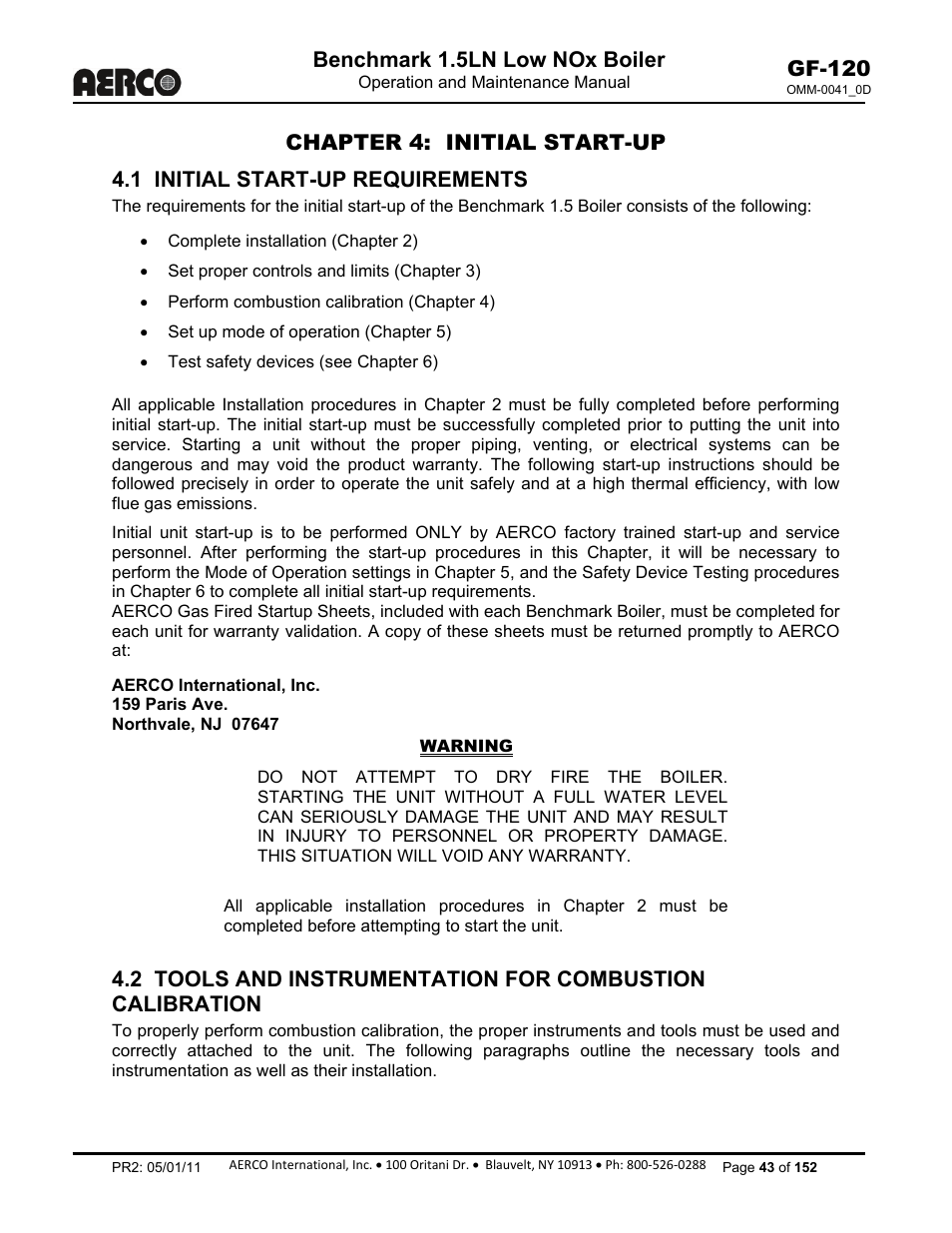 Chapter 4: initial start-up, Chapter 4, 1 initial start-up requirements | Benchmark 1.5ln low nox boiler, Gf-120 | AERCO BMK 1.5 LN July 2011 User Manual | Page 43 / 152