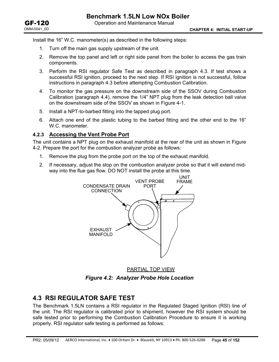 3 accessing the vent probe port, 3 rsi regulator safe test, Benchmark 1.5ln low nox boiler | Gf-120 | AERCO BMK 1.5 LN July 2011 User Manual | Page 45 / 152