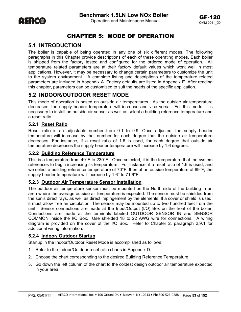 Chapter 5: mode of operation, Chapter 5, 1 introduction | 2 indoor/outdoor reset mode, 1 reset ratio, 2 building reference temperature, 3 outdoor air temperature sensor installation, 4 indoor/ outdoor startup, Benchmark 1.5ln low nox boiler, Gf-120 | AERCO BMK 1.5 LN July 2011 User Manual | Page 53 / 152