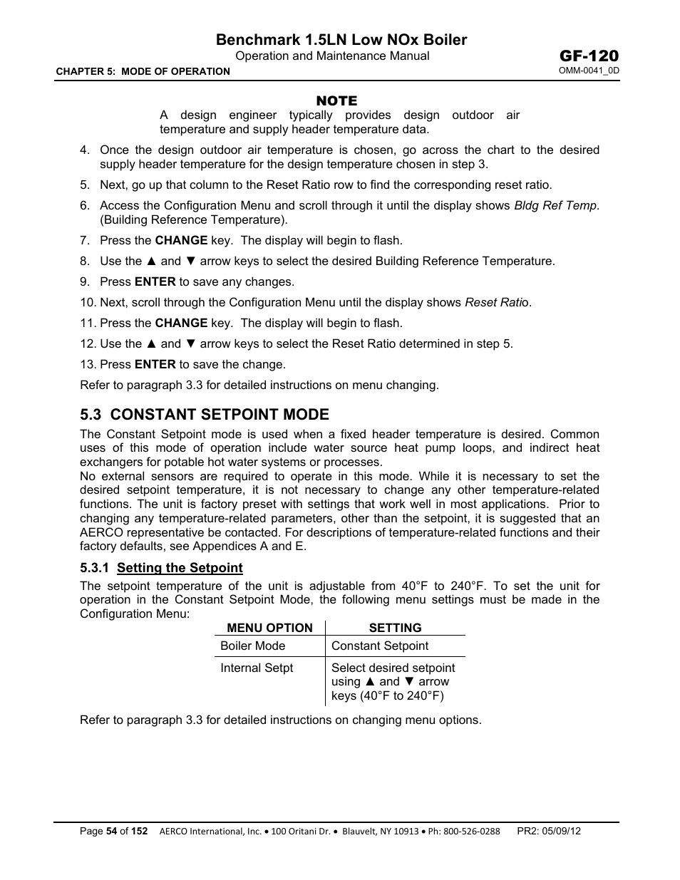 3 constant setpoint mode, 1 setting the setpoint, Benchmark 1.5ln low nox boiler | Gf-120 | AERCO BMK 1.5 LN July 2011 User Manual | Page 54 / 152