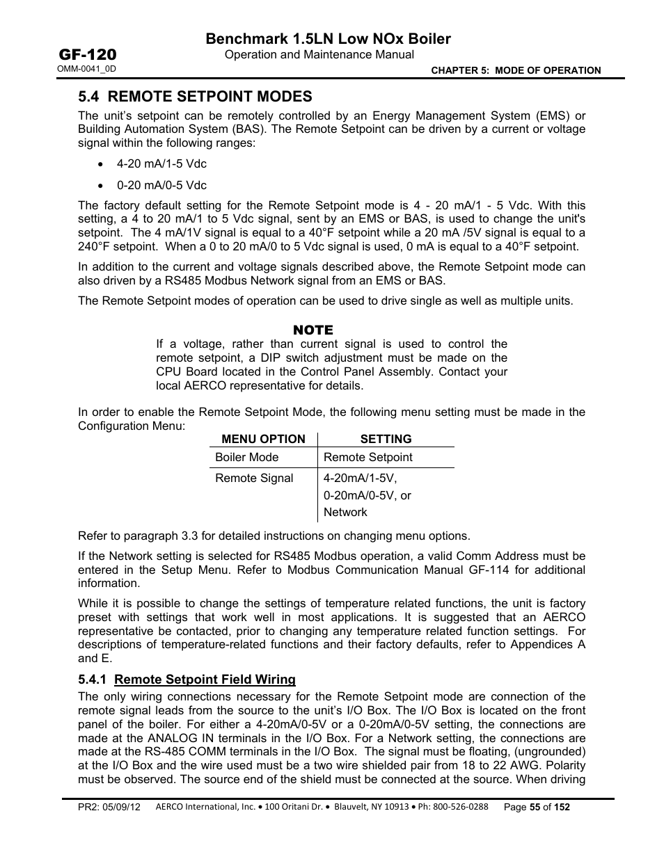 4 remote setpoint modes, 1 remote setpoint field wiring, Benchmark 1.5ln low nox boiler | Gf-120 | AERCO BMK 1.5 LN July 2011 User Manual | Page 55 / 152