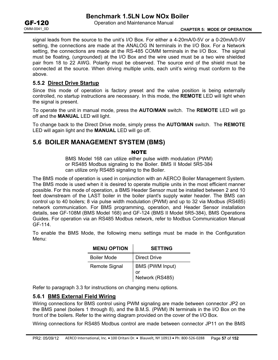 2 direct drive startup, 6 boiler management system (bms), 1 bms external field wiring | Benchmark 1.5ln low nox boiler, Gf-120 | AERCO BMK 1.5 LN July 2011 User Manual | Page 57 / 152