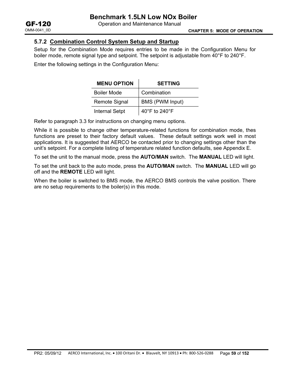 2 combination control system setup and startup, Benchmark 1.5ln low nox boiler, Gf-120 | AERCO BMK 1.5 LN July 2011 User Manual | Page 59 / 152