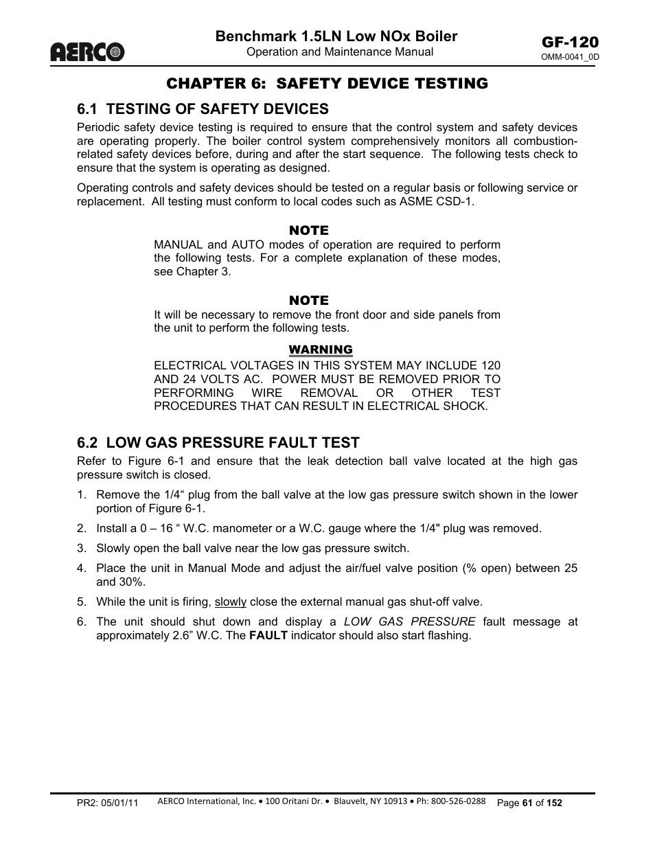 Chapter 6: safety device testing, Chapter 6, 1 testing of safety devices | 2 low gas pressure fault test, Benchmark 1.5ln low nox boiler, Gf-120 | AERCO BMK 1.5 LN July 2011 User Manual | Page 61 / 152