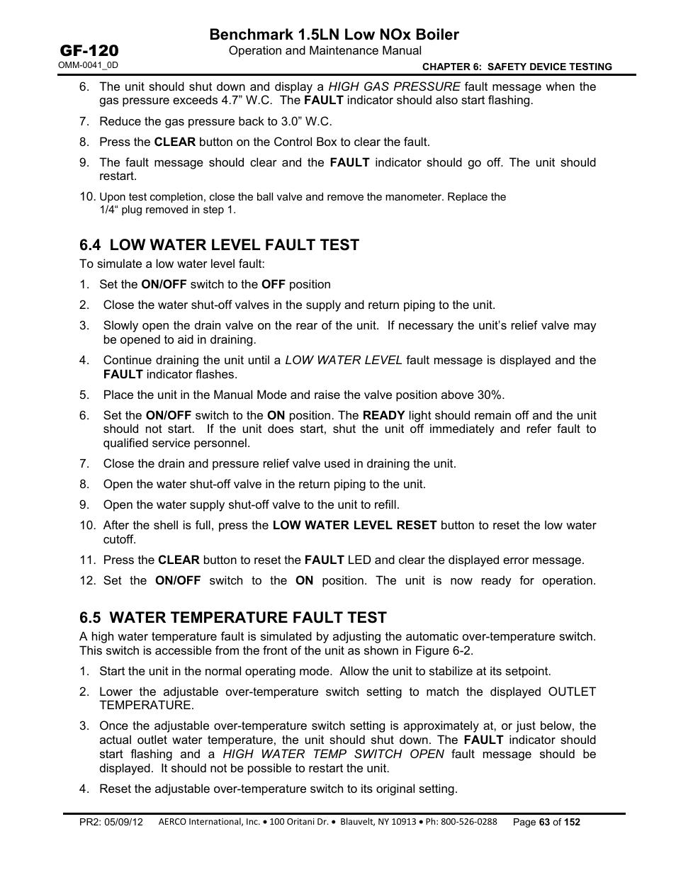 4 low water level fault test, 5 water temperature fault test, Benchmark 1.5ln low nox boiler | Gf-120 | AERCO BMK 1.5 LN July 2011 User Manual | Page 63 / 152