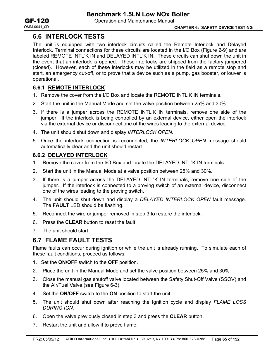 6 interlock tests, 1 remote interlock, 2 delayed interlock | 7 flame fault tests, Benchmark 1.5ln low nox boiler, Gf-120 | AERCO BMK 1.5 LN July 2011 User Manual | Page 65 / 152