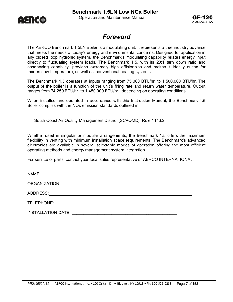 Foreword, Benchmark 1.5ln low nox boiler, Gf-120 | AERCO BMK 1.5 LN July 2011 User Manual | Page 7 / 152