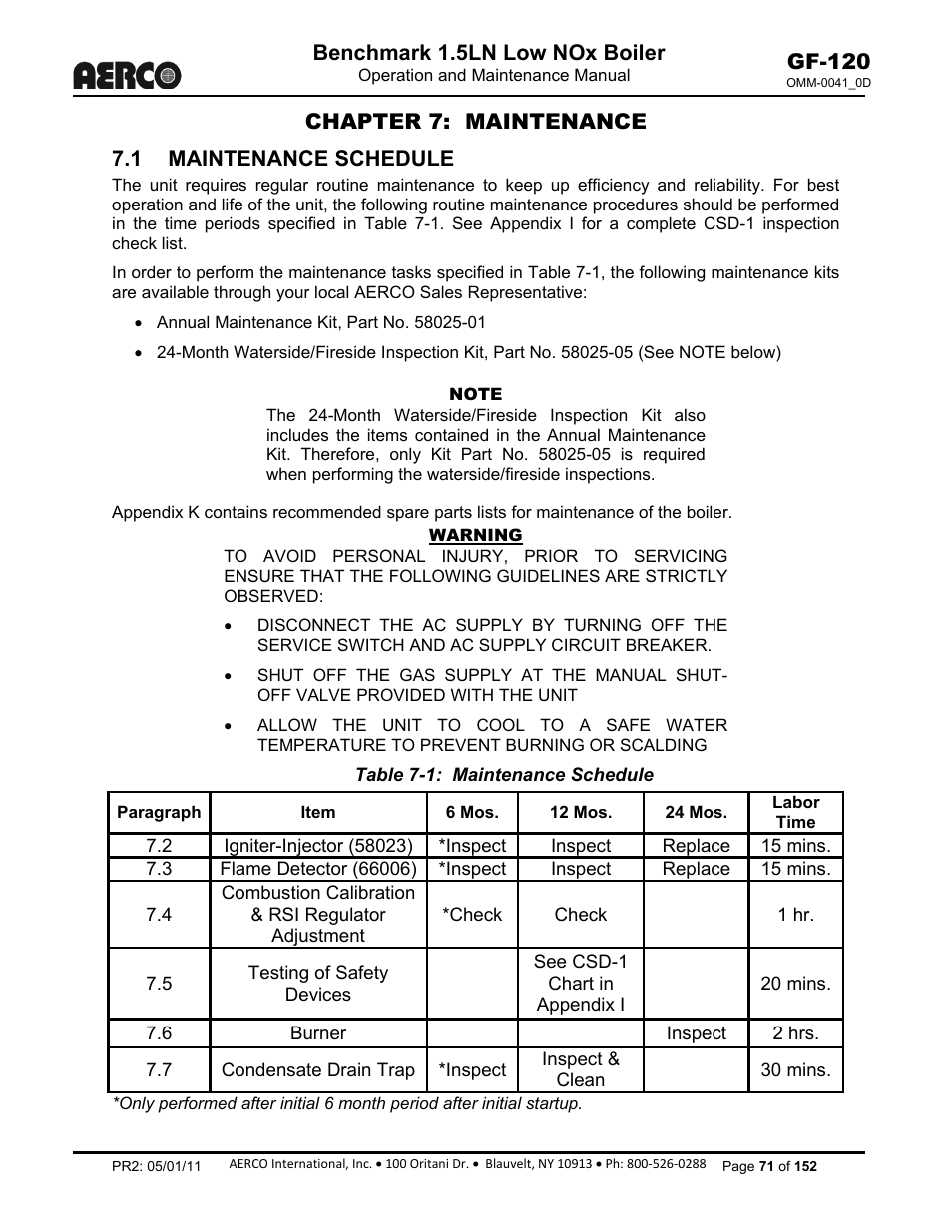 Chapter 7: maintenance, Chapter 7, 1 maintenance schedule | Benchmark 1.5ln low nox boiler, Gf-120, Chapter 7: maintenance 7.1 maintenance schedule | AERCO BMK 1.5 LN July 2011 User Manual | Page 71 / 152